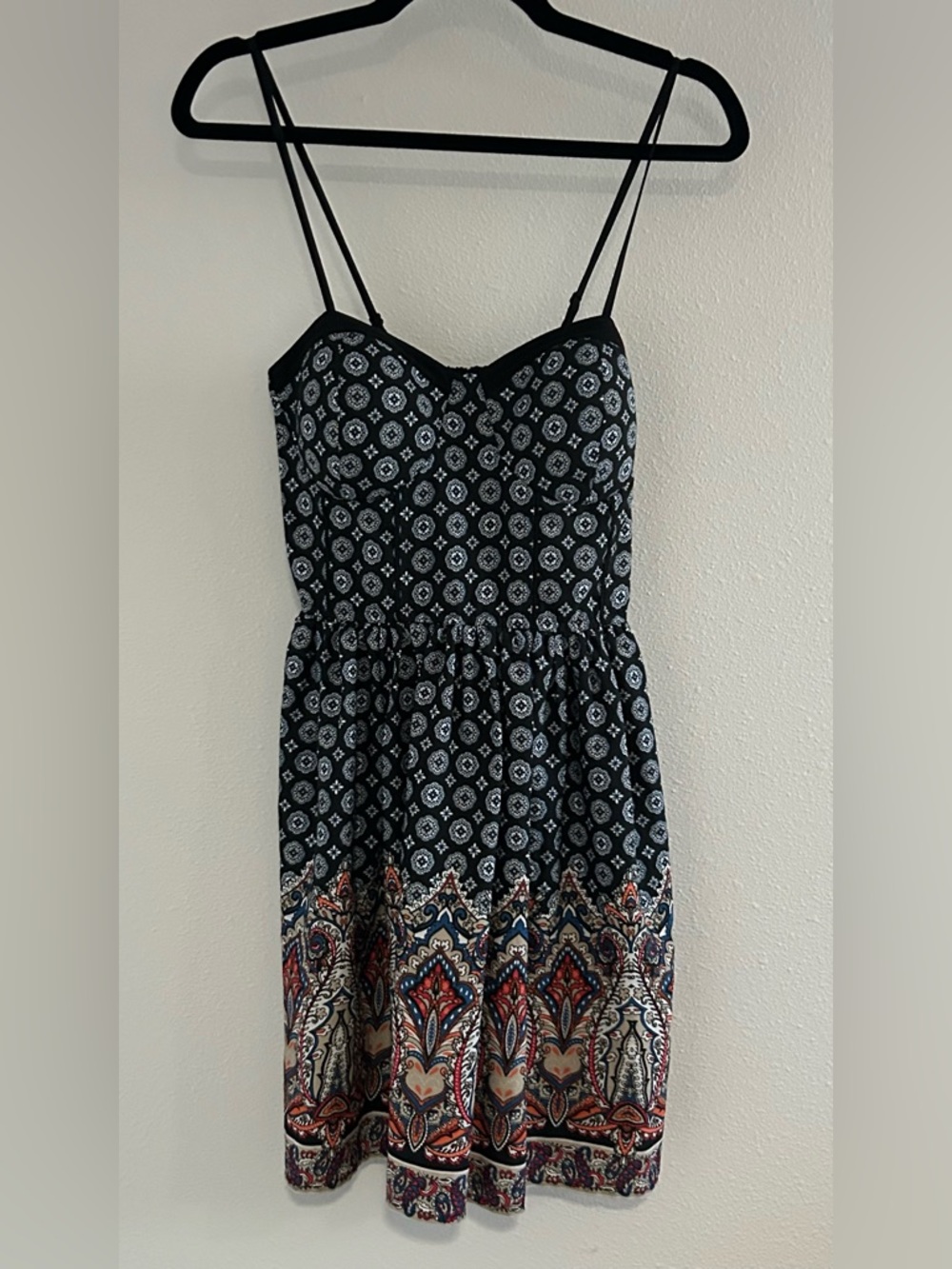American Rag Black Printed Spaghetti-Strap Mini Dress with Red & Blue Border